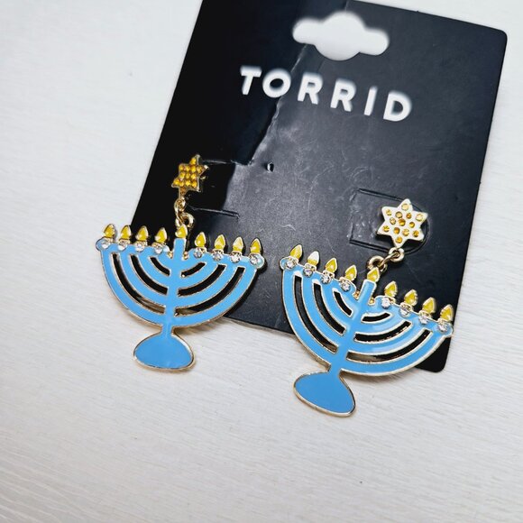 Torrid Hanukkah Menorah Earrings Pierced Blue w/ rhinestone - Picture 2 of 5